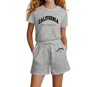 Vuncio Ensemble Enfant Fille été a la Mode Mignon Tee Shirt Manche Courte Et Short Taille Elastique Ample Vêtements Ado Fille Pas Cher Confortable Casual Jogging Vacances 4-14 Ans (Grey, 11-12 ans)