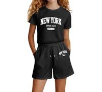 Vuncio Ensemble Enfant Fille été Chic Tee Shirt Manche Courte Et Short Taille Elastique Ample Vêtements Ado Fille Pas Cher Confortable Casual Sport Jogging Vacances 4-14 Ans (Black, 11-12 ans)