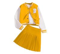 Vuncio Ensemble Enfant Fille Ete Habillée Tailleur Jupe Plisesée et Veste Manteau de Baseball Ado Fille Chic Pas Cher Ample Confortable Mignon a la Mode Casual Vacances 7-12 ans (Yellow, 11-12 Years)