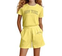 Vuncio Ensemble Enfant Fille été Pas Cher Tee Shirt Manche Courte Et Short Taille Elastique Ample Vêtements Ado Fille Chic Confortable Casual Sport Jogging Vacances 4-14 Ans (13-14 ans, Jaune)