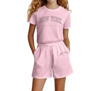 Vuncio Ensemble Enfant Fille été Pas Cher Tee Shirt Manche Courte Et Short Taille Elastique Ample Vêtements Ado Fille Chic Confortable Casual Sport Jogging Vacances 4-14 Ans (13-14 ans, Rose)