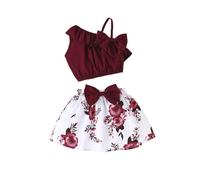 Vuncio Ensemble Ete Bebe Fille Pas Cher a la Mode Vêtements Bébé Fille Jupe et Crop Top Bowknot à Volants Mignon Confortable Fashion Léger Casual Sport Vacances 6-36 mois (Red, 6-9 Months)