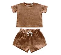 Vuncio Ensemble été Enfant Fille 2 Pièces Tee Shirt Manche Courte + Short Fille Coton Lin Leger Pas Cher Mignon Confortable Casual Vacances Plage 1-7 Ans (6-7 ans, Brun)