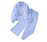 Vuncio Ensemble Ete Enfant Fille Chic Pas Cher Ample Tailleur Pantalon Jambe Large et Chemise Manche Longue Ado Fille Confortable Mignon Habillée a la Mode Casual Vacances 8-13 ans (Blue, 9-10 Years)