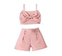 Vuncio Ensemble été Enfant Fille Tailleur 2 Pièces Top Camisole Bowknot + Short Fille Chic et élégant Habillée Pas Cher Mignon Confortable Casual Vacances Plage 1-6 Ans (5-6 ans, Rose)
