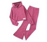 Vuncio Ensemble Hiver Enfant Fille Pantalon Bootcut Et Sweat a Capuche Vetement Ado Fille Chic Et Elegant Mignon Confortable Fashion Décontractée Sport Vacances 7-12 Ans (Red, 10-11 Years)