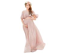 Vuncio Femmes Robe Enceintes Grossesse Tulle Plissées sans Epaules Bohemi Demi-Manches Une Ligne Robe Photo Photographie Robe Jupe Longue Plage Mariage (Rose, S)