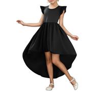 Vuncio Robe Danse Assymetrique Courte Devant Longue Derriere Ado Fille 5-16 Ans Robe Enfant Fille Chic Et Elegant Manche à Volants Pas Cher Casual Fête Soirée Cérémonie (Black, 13-14 Years)