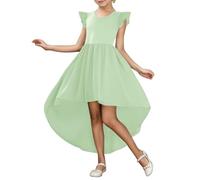Vuncio Robe Danse Assymetrique Courte Devant Longue Derriere Ado Fille 5-16 Ans Robe Enfant Fille Chic Et Elegant Manche à Volants Pas Cher Casual Fête Soirée Cérémonie (Green, 15-16 Years)