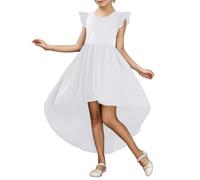 Vuncio Robe Danse Assymetrique Courte Devant Longue Derriere Ado Fille 5-16 Ans Robe Enfant Fille Chic Et Elegant Manche à Volants Pas Cher Casual Fête Soirée Cérémonie (White, 10-12 Years)