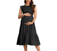 Vuncio Robe Plissée Maternité sans Manche Col Rond Robe mi Longue Grossesse à Volants Ete Grande Taille Ample Enceinte Chic Pas Cher Shooting Photo (Noir, L)