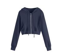 Vuncio Sweats à Capuche Court Femme Zippé Grande Taille a la Mode Crop Veste Sweat Femme avec Capuche Manche Longue Confortable Hiver Chic Large Casual Jogging Top Manteau (Navy, S)