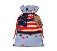 Vuoongt Sacs cadeaux de Noël réutilisables avec étiquettes et cordon de serrage Motif drapeau américain Feu d'artifice 4 juillet