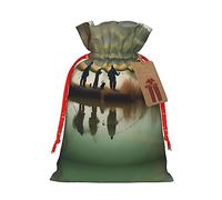 Vuoongt Sacs cadeaux de Noël réutilisables avec étiquettes et cordon de serrage Motif pêcheurs sur le lac de pêche