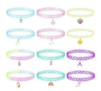 VURYAPI 12 Pièces Tour de cou Collier pour enfants adolescents filles femmes, pendentif breloque licorne arc-en-ciel panda chat cœur fleur sirène tour de cou tatouage henné élastique