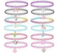 VURYAPI 12 Pièces Tour de cou Collier pour enfants adolescents filles femmes, pendentif breloque licorne arc-en-ciel panda chat cœur fleur sirène tour de cou tatouage henné élastique