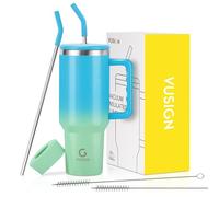 VUSIGN Gobelet de 1200 ml avec poignée et couvercle à paille, gobelet de voyage isotherme en acier inoxydable pour eau, thé, café glacé, smoothie, voiture, mélange bleu-vert