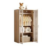 vutizal Armoire Chambre Enfant 2 Portes Verre, Commode de Rangement avec 10 Étagères Réglables, Sécurité Anti-Basculement, Blanc/Naturel, 150x50x80 cm