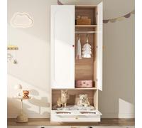 vutizal Armoire Chambre Enfant avec Niche Intégrée, Rangement avec Cintre et Étagères, Meuble Moderne pour Enfant et Animal, Blanc/Naturel, 200x50x80 cm