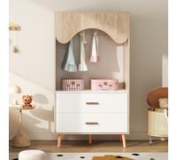 vutizal Armoire Chambre Enfant Ouverte, Rangement avec 2 Tiroirs, Cintre et Étagères, Structure Stable 5 Pieds Design Scandinave, HDF & Bois Massif Blanc/Naturel, 80x46x142 cm