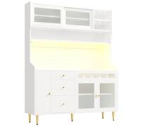 vutizal Armoire de cuisine éclairée - Blanc - Contrôle de la musique LED - Meuble à vin extensible - 3 étagères réglables - Buffet de salon - 145 x 39 x 171 cm