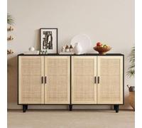 vutizal Armoire de rangement en rotin - 158 × 40 × 88 cm - Buffet à 4 portes avec pieds en bois massif - Espace de rangement pour couloir, bureau et salon - Noir