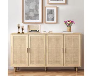 vutizal Armoire de rangement en rotin - 158 × 40 × 88 cm - Buffet à 4 portes avec pieds en bois massif - Espace de rangement pour couloir, bureau et salon - Naturel