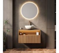 vutizal Armoire de salle de bain flottante 80 cm avec éclairage LED, lavabo en céramique, tiroir à fermeture douce et compartiment ouvert, pré-montée en aspect bois expresso