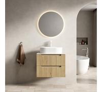 vutizal Armoire de salle de bain flottante de 60 cm avec lavabo en céramique et plaque de travertin fritté, pré-montée, 2 tiroirs à fermeture amortie, chêne blanc