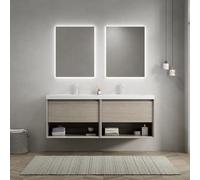 vutizal Armoire de salle de bain, lavabo 140 cm, montage mural, avec double bac intégral en résine blanche, 2 tiroirs à fermeture amortie, étagère, pré-montée, chêne clair