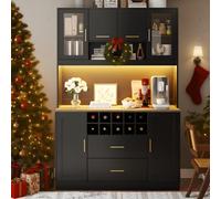 vutizal Armoire latérale avec éclairage LED et prise - 120 x 36,3 x 180 cm - 6 portes, 2 tiroirs - Design moderne en noir - Matériau MDF robuste - Idéal pour salon ou cuisine