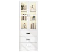 vutizal Bibliothèque Murale Vitrée avec Éclairage LED, Meuble de Rangement Salon - Vitrine Moderne avec Portes Acrylique, 3 Tiroirs et Étages Réglables, 200 cm, Blanc