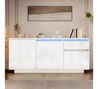 vutizal Buffet à LED bas, blanc, 140 x 40 x 60 cm, brillant, avec contrôle par application, commode avec armoires et tiroir, pour salon