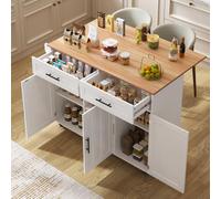 vutizal Chariot de cuisine avec plateau pliant, 129 x 91,5 cm, blanc, armoire de buffet de qualité supérieure sur roulettes (au choix avec 5 roues et freins de stationnement ou 4 pieds), avec 2