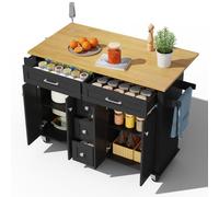 vutizal Chariot de cuisine avec roulettes et tiroirs - Chariot îlot de cuisine multifonction avec plan de travail extensible, noir, 120 x 65 cm, îlot de cuisine mobile pour cuisine et salon