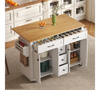 vutizal Chariot de cuisine avec roulettes et tiroirs - Chariot îlot de cuisine multifonction avec plan de travail extensible, blanc, 120 x 65 cm, îlot de cuisine mobile pour cuisine et salon