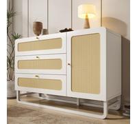 vutizal Commode style maison de campagne blanche avec rotin, buffet à 3 tiroirs et porte, étagères réglables en hauteur avec sécurité anti-basculement, rangement pour couloir, salon, 120 x 40 x 85 cm