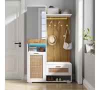 vutizal Ensemble de meubles de couloir avec éclairage LED, ensemble de garde-robe avec miroir, banc et armoire à chaussures aspect rotin, crochets dorés, 110 x 38 x 190 cm