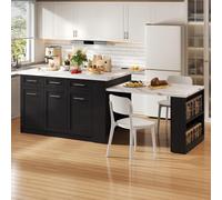 vutizal Îlot de cuisine noir - îlot de cuisine autoportant avec table à manger extensible, espace de rangement intégré, 150 x 90 x 90 cm, plan de travail aspect marbre blanc, pour cuisines familiales