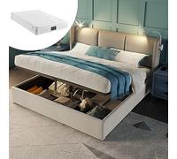 vutizal Lit capitonné 140 x 200 cm avec matelas et sommier latte ergonomique | Cadre de lit au design scandinave | Kit complet avec espace de rangement | Lit double en beige en lin naturel