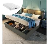 vutizal Lit capitonné 160 x 200 cm avec matelas et sommier à lattes ergonomique | Cadre de lit au design scandinave | Kit complet avec espace de rangement généreux | Lit double en beige en lin naturel