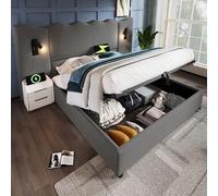 vutizal Lit capitonné, 180 x 200 cm, avec espace de rangement hydraulique, lampe de lecture à 360°, station de charge USB-C, tête de lit ondulée, sommier à lattes en bois massif, lin gris