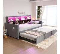 vutizal Lit capitonné, 90 x 200 cm, avec lit gigogne, éclairage LED, prises et ports USB, gris foncé, velours, style moderne, cadre en métal avec sommier à lattes