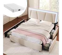 vutizal Lit double 140 x 200 cm / 160 x 200 cm avec matelas, LED et espace de rangement, lit rembourré avec 4 tiroirs, tête de lit réglable en hauteur et sommier à lattes en bois massif, beige