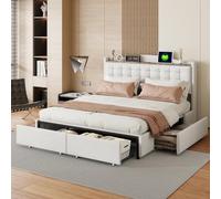 vutizal Lit double 160 x 200 cm avec table de chevet intégrée, charge USB et 4 tiroirs | Lit rembourré avec espace de rangement et sommier à lattes en bois massif | Cadre de lit aspect lin au choix de
