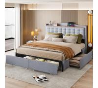 vutizal Lit double 160 x 200 cm avec table de chevet intégrée, charge USB et 4 tiroirs | Lit rembourré avec espace de rangement et sommier à lattes en bois massif | Cadre de lit aspect lin au choix de
