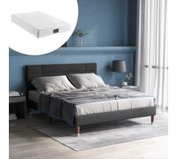 vutizal Lit double capitonné 140 x 200 cm - Gris - Matelas à ressorts - Sommier à lattes de 8 cm - Tête de lit - Design tout match - Pour adultes et adolescents