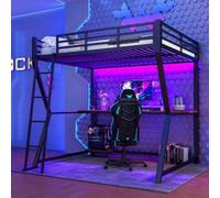 vutizal Lit mezzanine, 140 x 200 cm, avec bureau pour adulte, noir, structure en métal avec espace de rangement, idéal pour le bureau à domicile et la chambre d'amis