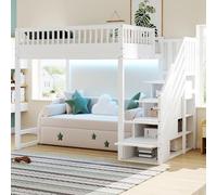 vutizal Lit mezzanine, 140 x 200 cm, avec éclairage LED et bureau, multifonction, pour chambre d'adolescent, blanc, escalier réversible, tiroirs intégrés (sans matelas)