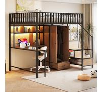 vutizal Lit mezzanine, 140 x 200 cm, noir, avec bureau et armoire, en métal, avec LED contrôlable par application et espace de rangement, pour chambre d'adolescent et petites pièces